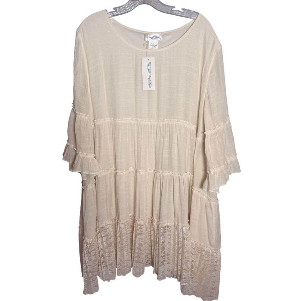 NWT Tunic Women 1XL Ivory Lace Tiered Boho Ruffle Top Plus Size Cottagecore